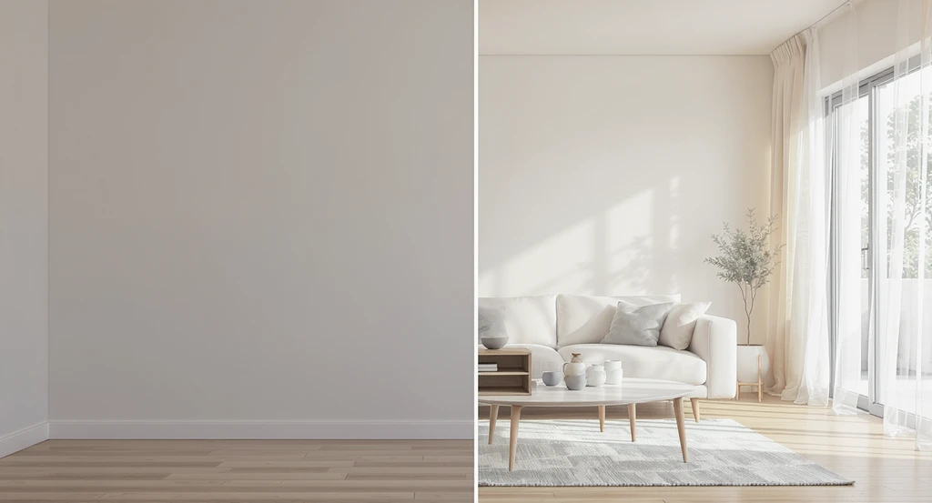 Split-view of a modern living room before and after AI-powered virtual staging, highlighting the impact of AI on real estate visual marketing and buyer engagement.