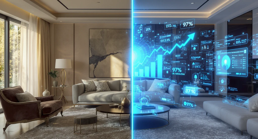 Modern living room shown twice—once empty, once AI-virtually staged with stylish furniture and decor—to illustrate the impact of AI on real estate visual marketing and buyer behavior with AI-enhanced photos.