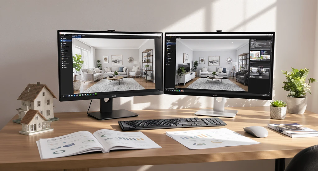 Modern real estate office showing a computer with split-screen of AI-enhanced and traditional property listing photos, surrounded by printed performance data, highlighting the impact of AI on real estate visual marketing and buyer behavior with AI-generated visuals.