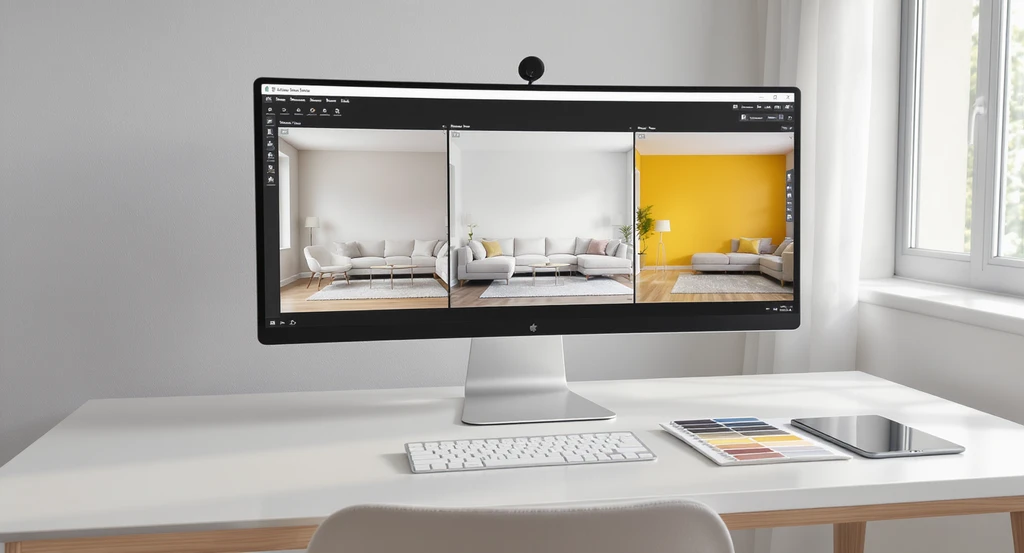 Photorealistic digital workspace featuring a Visual Decision Canvas on a large screen, showing staged, empty, and renovated room images, alongside home visualization tools. Designed to close the visualization gap in real estate listings and enhance buyer decisions.