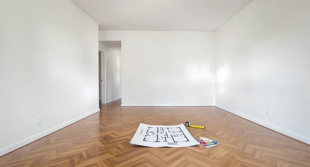 Empty living room with blank walls, hardwood floors, and a scattered floorplan and design tools, highlighting the visualization gap in real estate listings.