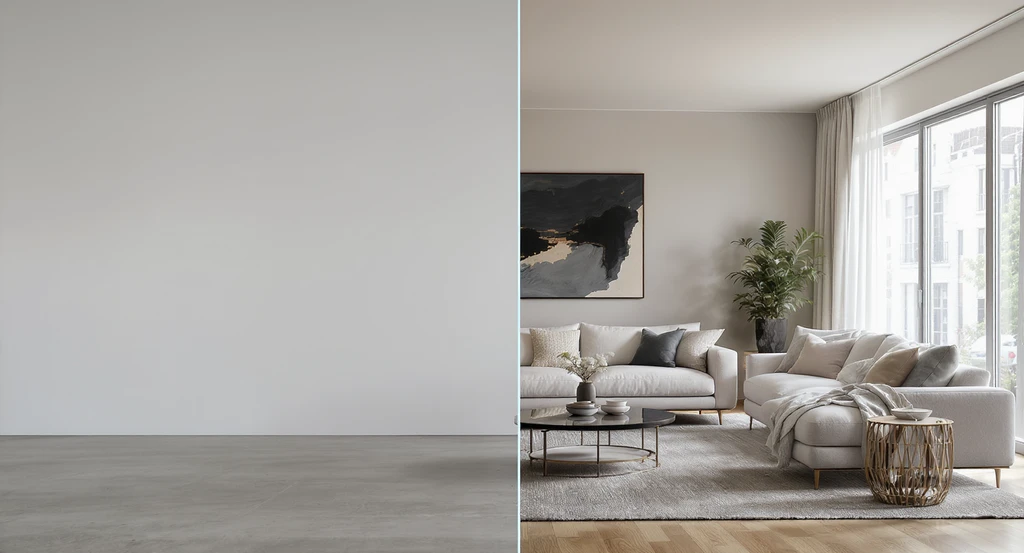 Split-view of a living room showing the visualization gap in real estate listings—left half empty, right half staged—demonstrates how staging impacts buyer decisions and how photo angles influence property perception using the best tools for home visualization.