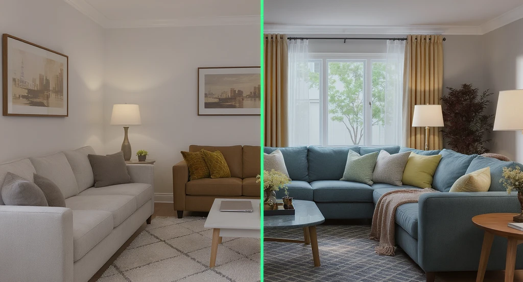 Modern living room split-screen showing original vs. optimized real estate listing photo with virtual staging, clear layout, and improved lighting. Demonstrates how listing visual optimization and AI visualization tools close the visualization gap in real estate, supporting buyer decisions and first impressions.