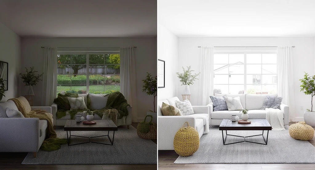 Side-by-side real estate listing photos show the visualization gap: one room poorly staged and dim, the other expertly staged and bright, highlighting how staging impacts buyer decisions and the psychology of first impressions in real estate listings.