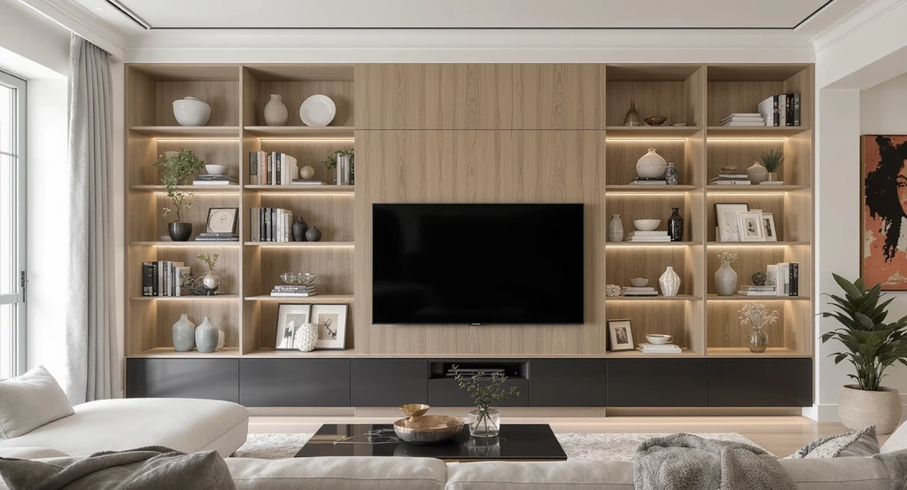 Luxury living room with wall-to-wall built-in shelves and an under-TV unit made of premium plywood, showing seamless carpentry and elegant storage solutions.