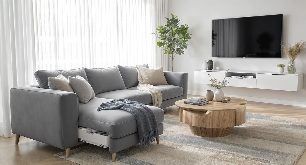 Photorealistic modern living room interior featuring a modular sofa with hidden storage, coffee table with compartments, and a floating TV console, illustrating functional yet stylish luxury furniture choices.