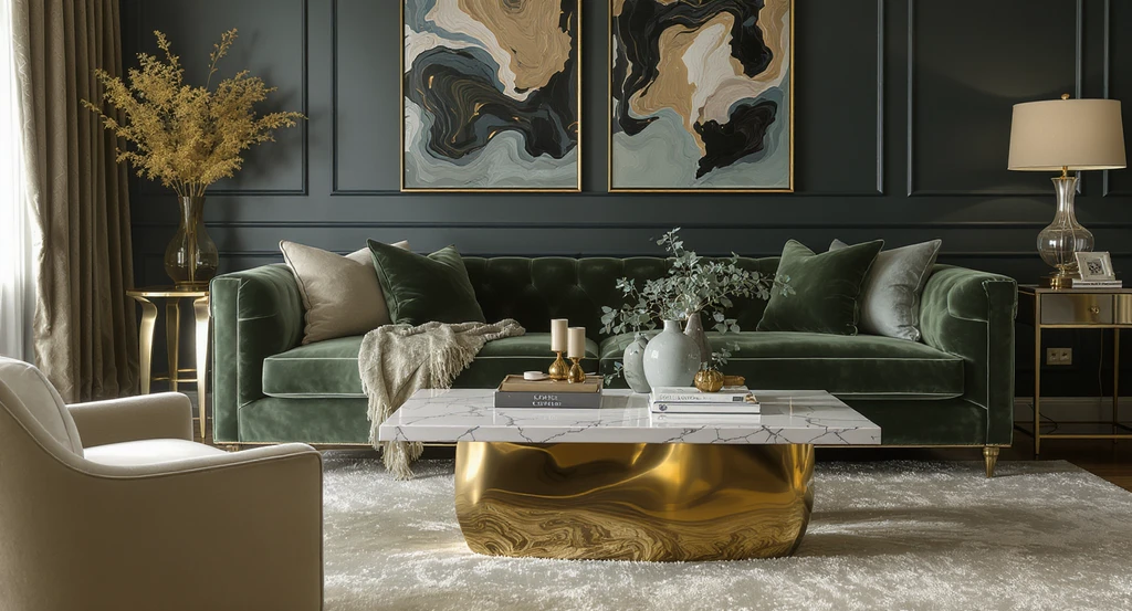 Photorealistic luxury living room with velvet cushions, marble coffee table, ribbed vertical wood panels, and plush wool rug for layered texture.