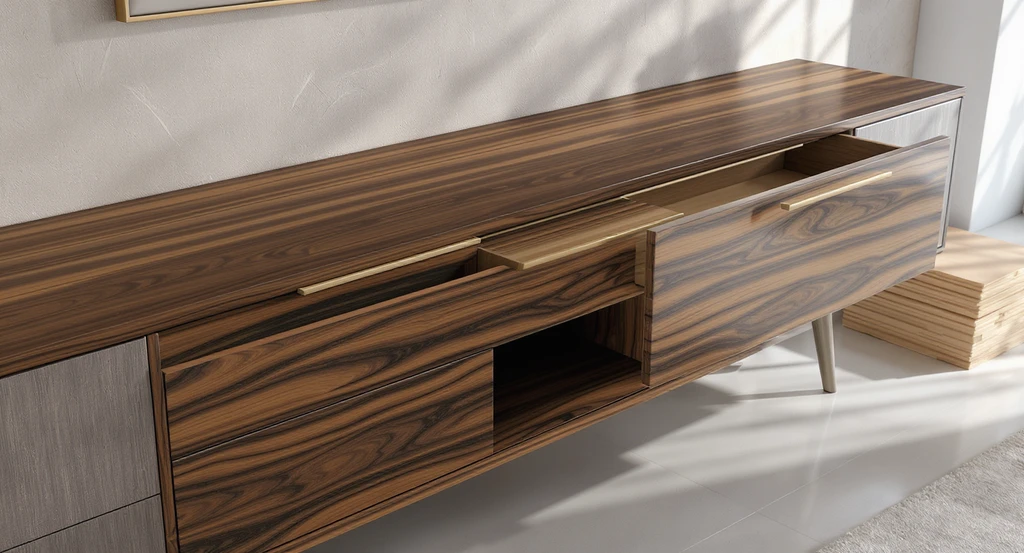Close-up of a luxury living room console table featuring solid walnut wood, brushed metal handles, stone veneer wall, and moisture-resistant plywood with acrylic finishes.
