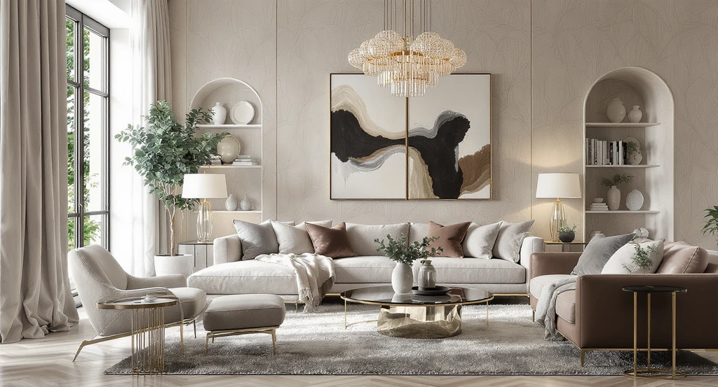 Luxury living room decor with layered textures, advanced lighting, and premium furnishings in a refined, comfortable, high-value space.