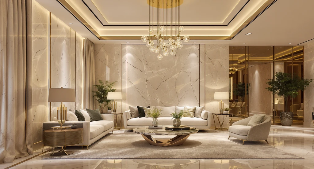 Luxury living room with layered statement lighting, including a chandelier, recessed spotlights, and table lamps, highlighting textures and ambiance.