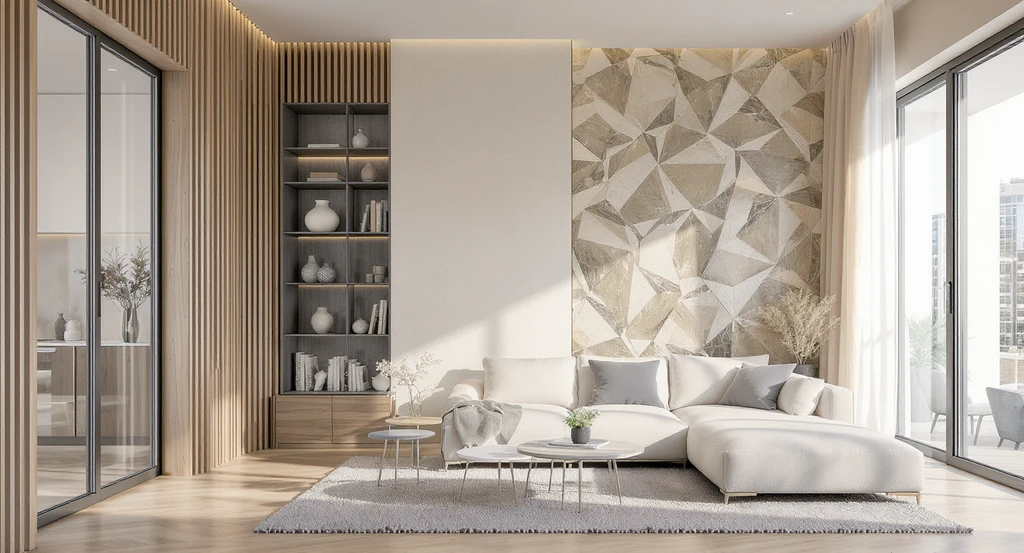 Photorealistic luxury living room with a subtle 3D-textured feature wall, integrated shelving, slatted wood accents, and soft natural lighting.