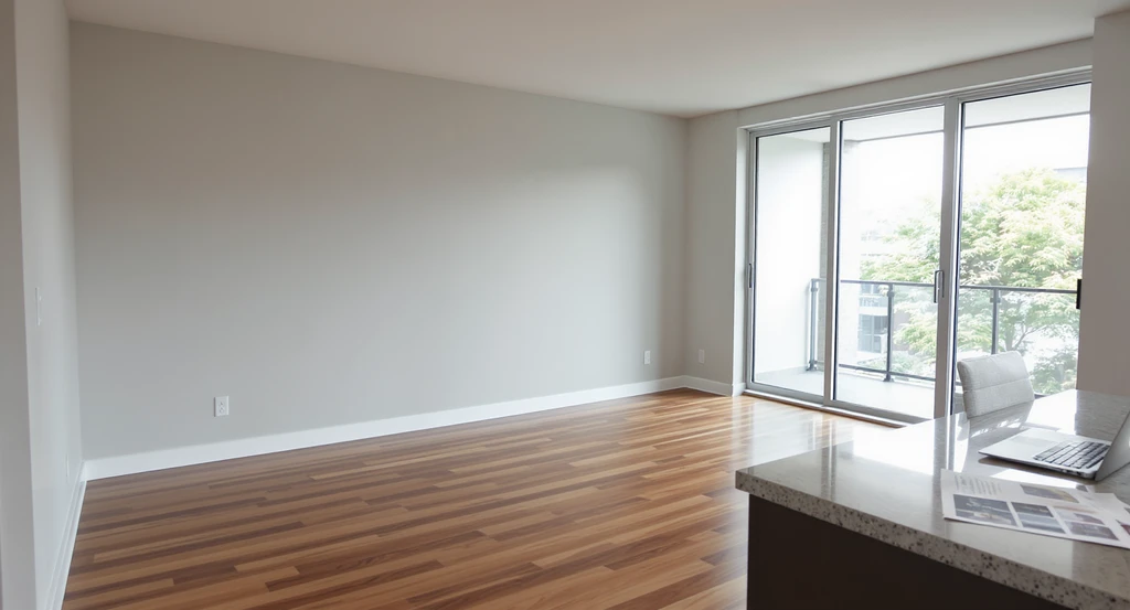 A pristine, empty modern living room with hardwood floors and large windows, showing a real estate agent’s laptop and printouts, illustrating when not to use virtual staging, risks of virtual staging in real estate, virtual staging compliance and disclosure guidelines, and alternatives to virtual staging for high-end listings.