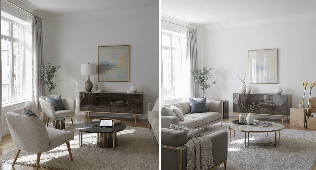 Side-by-side comparison of a virtually staged living room and a physically staged living room, highlighting when not to use virtual staging, risks of virtual staging in real estate, virtual staging compliance and disclosure guidelines, alternatives to virtual staging for high-end listings, and the impact of overusing virtual staging on trust.
