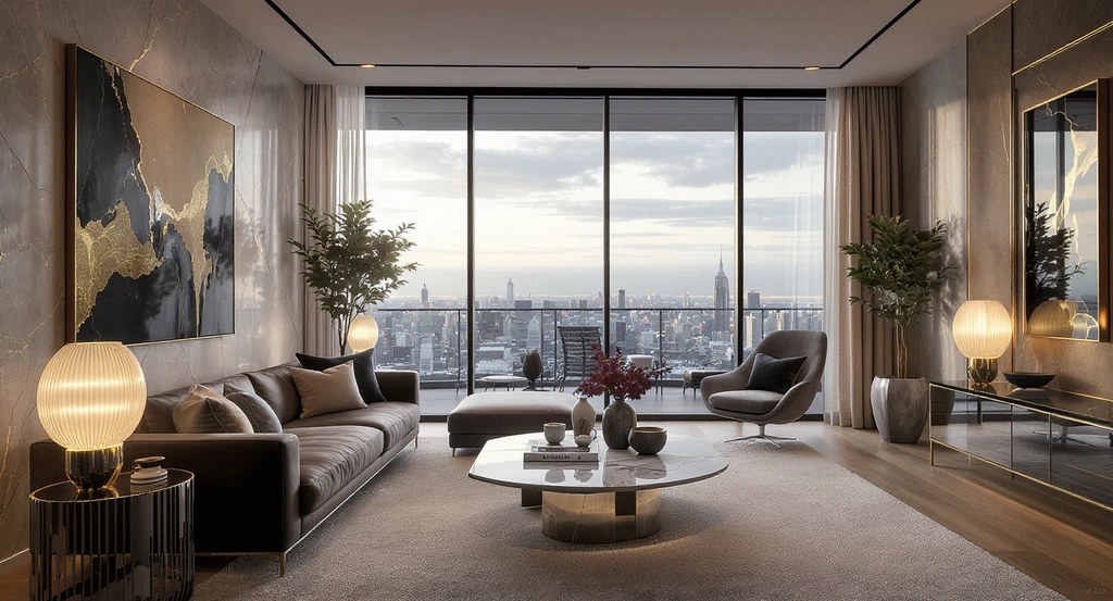 A 16:9 photorealistic split-view of an upscale living room, half empty and half enhanced with luxury virtual staging. Highlights best practices for luxury virtual staging, the cost comparison of virtual versus traditional staging, and how luxury virtual staging increases home value in real estate marketing.