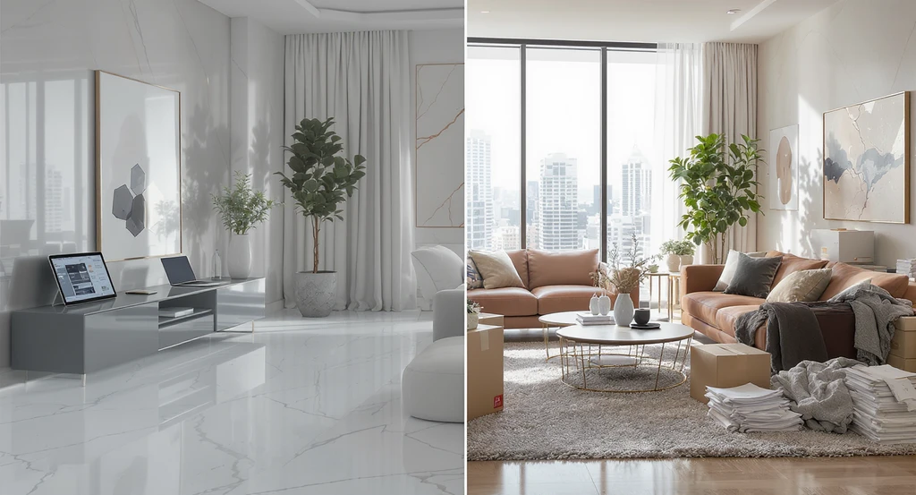 Photorealistic split-view of a luxury living room, half virtually staged with digital tools and luxury decor, half traditionally staged with real furniture, illustrating luxury virtual staging versus traditional staging cost and value for real estate.