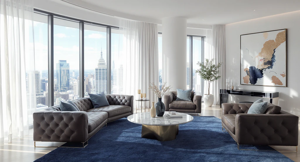 Luxury virtual staging for real estate shown in a sun-filled penthouse, transformed from empty to high-end with bespoke Italian furnishings and elegant art. Editorial, photorealistic transformation showcases best practices in luxury virtual staging and demonstrates how luxury virtual staging increases home value.