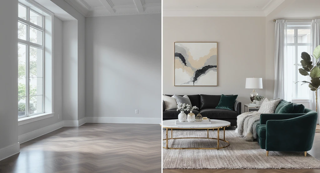 Side-by-side comparison of a vacant luxury living room and the same room digitally furnished with premium CGI, demonstrating luxury virtual staging for real estate, how virtual staging increases home value, and the benefits over traditional staging using best practices and ai-powered tools.