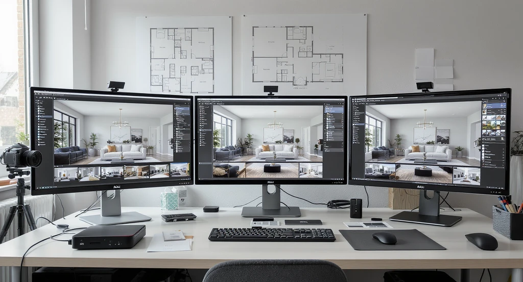 Batch listing photo processing for brokerages: a modern real estate media setup with multiple monitors displaying high-resolution, consistently edited home photos alongside floor plans, real estate photography tools, and organized workflow accessories visible on a pristine desk.