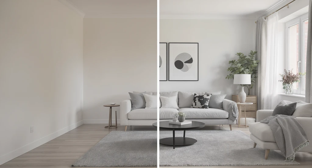 Photorealistic split-view of a real living room: one side empty, the other realistically overlaid by an AI room visualizer showing new furniture and wall colors. This illustrates how AI room visualizer tools work, the benefits of AI home visualization, and helps avoid common mistakes with room design AI for interior planning and real estate previews.