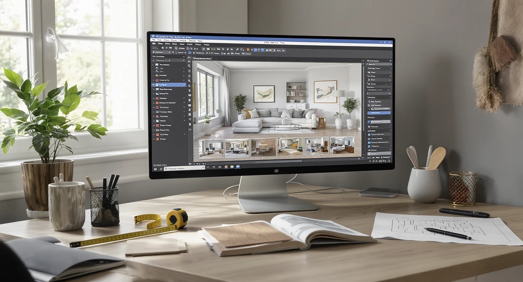 How AI room visualizer tools work for interior planning: workspace with monitor showing room design options, floor plan sketch, and material samples. Highlights the benefits of AI home visualization, common mistakes with room design AI, and best practices for real estate previews.