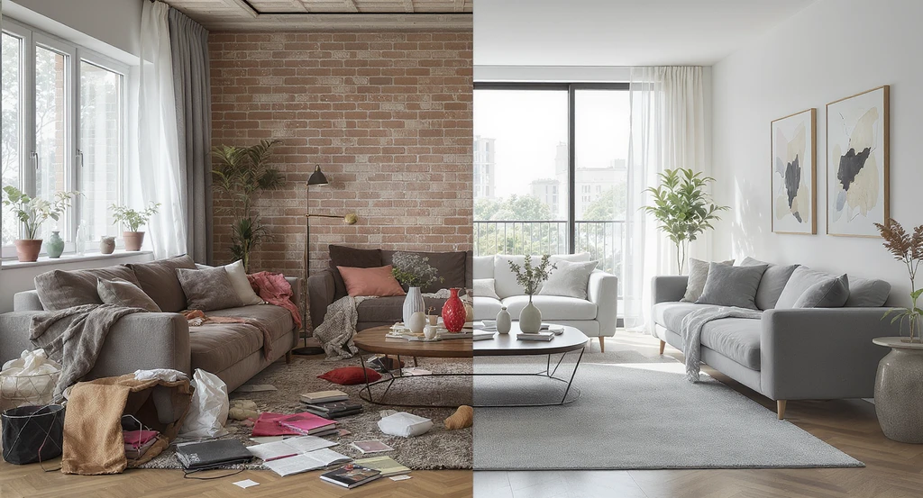 Photorealistic living room split into cluttered and optimized layouts, illustrating common mistakes and benefits of how AI room visualizer tools work for interior planning.