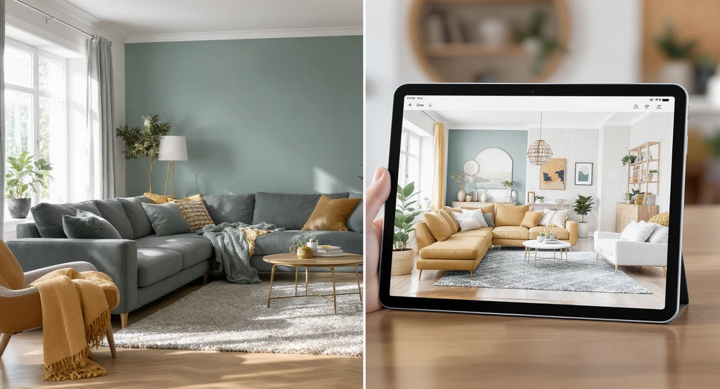 Modern living room split between real and AI-envisioned setups, showcasing how AI room visualizer tools work and the benefits of AI home visualization for avoiding common mistakes with room design AI and improving interior planning and real estate previews.