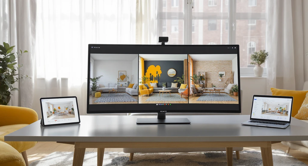 Modern living room featuring a large screen with side-by-side AI-generated room design visualizations, highlighting how AI room visualizer tools work and benefits of AI home visualization for interior planning and real estate previews.