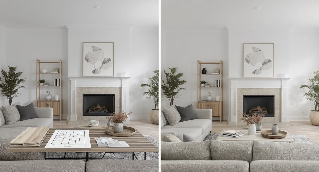 Photorealistic side-by-side of an unfinished room with just plans and samples, and a fully visualized completed interior using best ai home renovation visualization tools to show how ai visualizes home remodels and helps reduce renovation mistakes with ai tools.