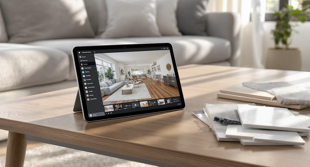 Modern living room setup showing a camera taking room photos, a tablet with AI renovation visualizations, and material samples on a table, illustrating best ai home renovation visualization tools and how ai visualizes home remodels, supporting ai room planner for renovations and virtual walkthrough ai for interiors to reduce renovation mistakes with ai tools.