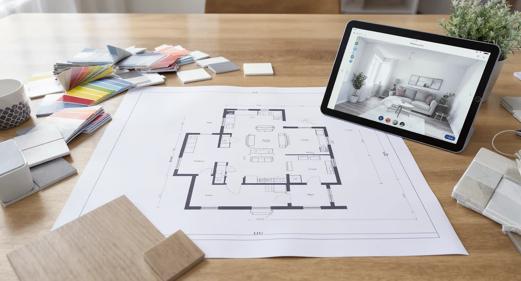 Home renovation workspace showing blueprints, color samples, material tiles, and a tablet with an ai room planner visualizing a remodel to reduce costly mistakes.