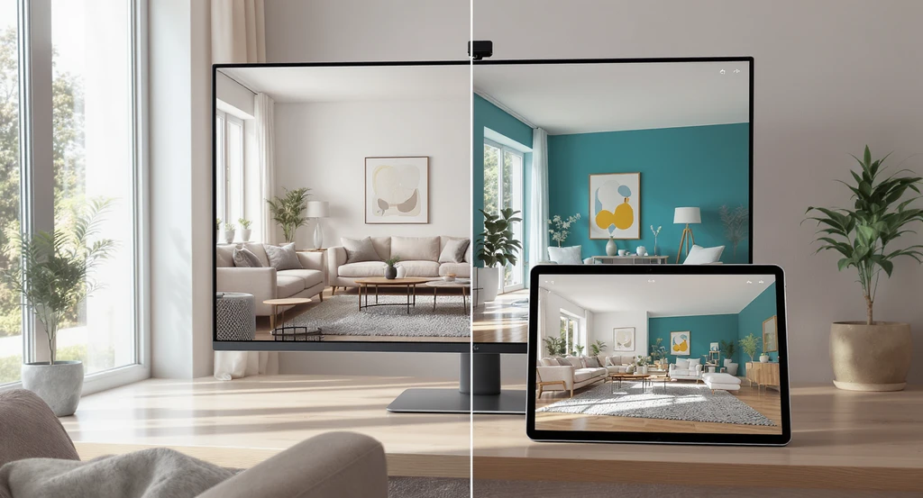 A modern living room shown on both a monitor and tablet, each displaying AI-powered room planner visualizations with different layouts and finishes, illustrating best ai home renovation visualization tools and how ai visualizes home remodels to reduce renovation mistakes with ai tools.