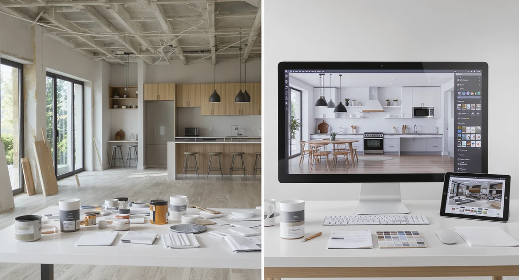 Editorial image of a modern living room mid-renovation with material samples and an AI room planner displaying photorealistic home remodel visualizations, illustrating how best ai home renovation visualization tools and virtual walkthrough ai for interiors help reduce renovation mistakes.