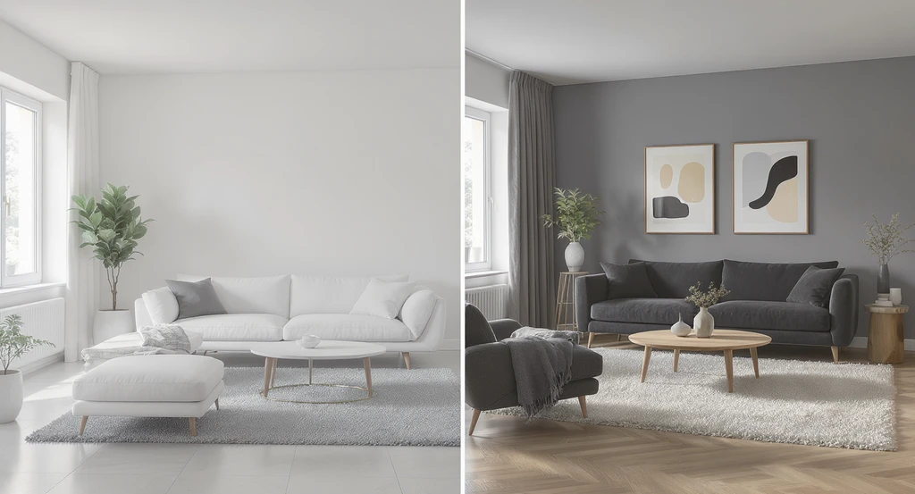 Step by step ai home visualization for faster real estate sales: empty living room transitioning to virtually staged layout, clear buyer-friendly setup.