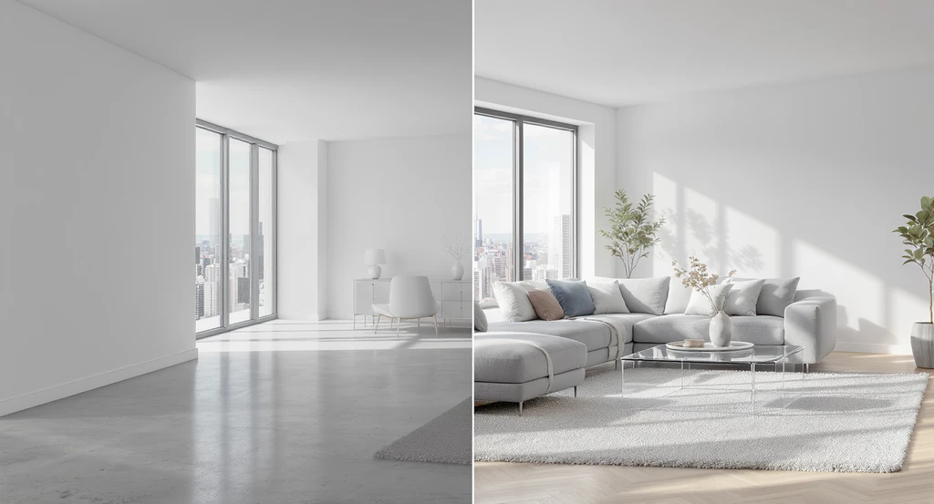 Empty living room beside a digitally staged version, showing realistic virtual furniture placement for ai home visualization and faster real estate sales.