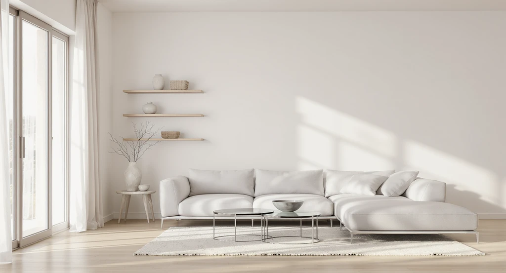 Japandi interior design guide for homes: a serene, decluttered Japandi living room with light wood, clear surfaces, open floor space, and natural materials illustrating how to declutter for Japandi style and make small spaces feel bigger.