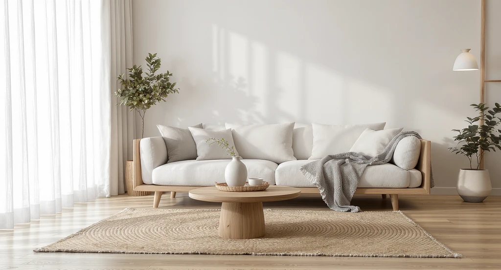 Japandi interior design guide for homes — a decluttered living room with minimal wood furniture, soft neutral tones, and natural materials making small spaces feel bigger.
