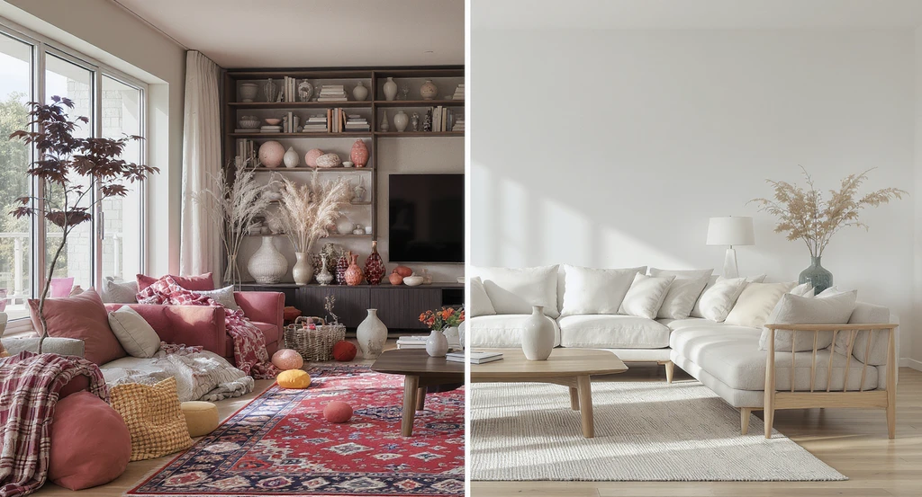 Japandi interior design guide for homes: contrast of a cluttered living room with a serene Japandi space, showing how to declutter for Japandi style using natural materials and layout tips to make small spaces feel bigger.