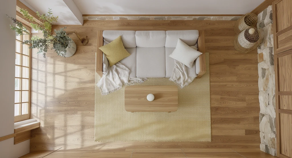 Japandi interior design guide for homes—clutter-free living room with essential furniture, natural materials, clear walking paths, layered lighting, and a single statement chair.