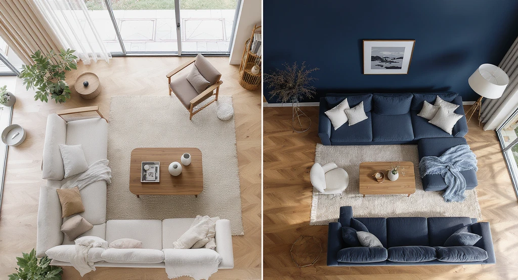 Overhead view of a Japandi living room, split to show two layouts with different Japandi colors and decluttered styling, illustrating living room layout tips and natural materials for Japandi interiors.