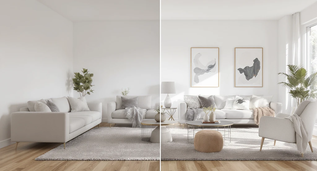 Side-by-side comparison of a modern living room empty on one side and digitally furnished on the other, illustrating virtual staging vs traditional staging comparison and highlighting the cost difference between virtual and physical staging for real estate listings.
