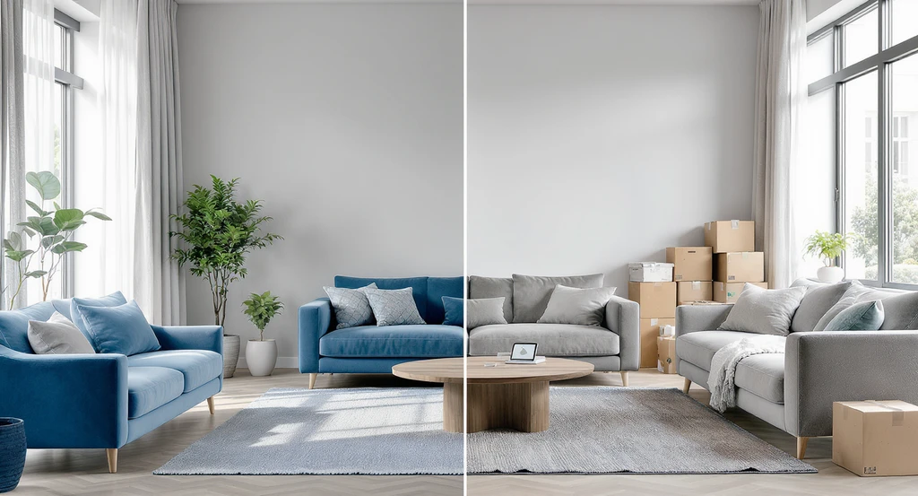 Virtual staging vs traditional staging comparison: a split living room showing the cost difference between virtual and physical staging with realistic decor.
