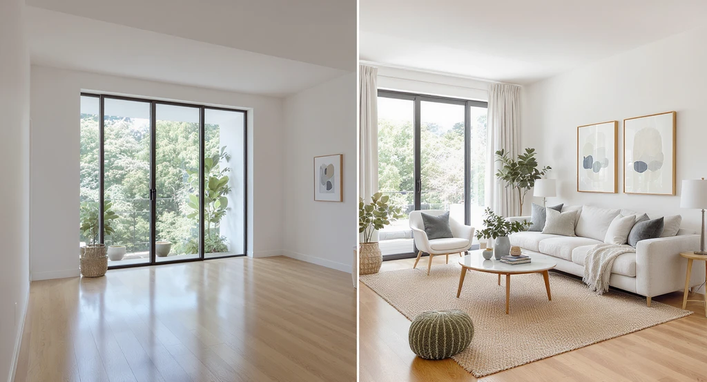 Split-screen of a vacant living room versus the same room virtually staged, illustrating virtual staging vs physical staging and its impact on home sales.
