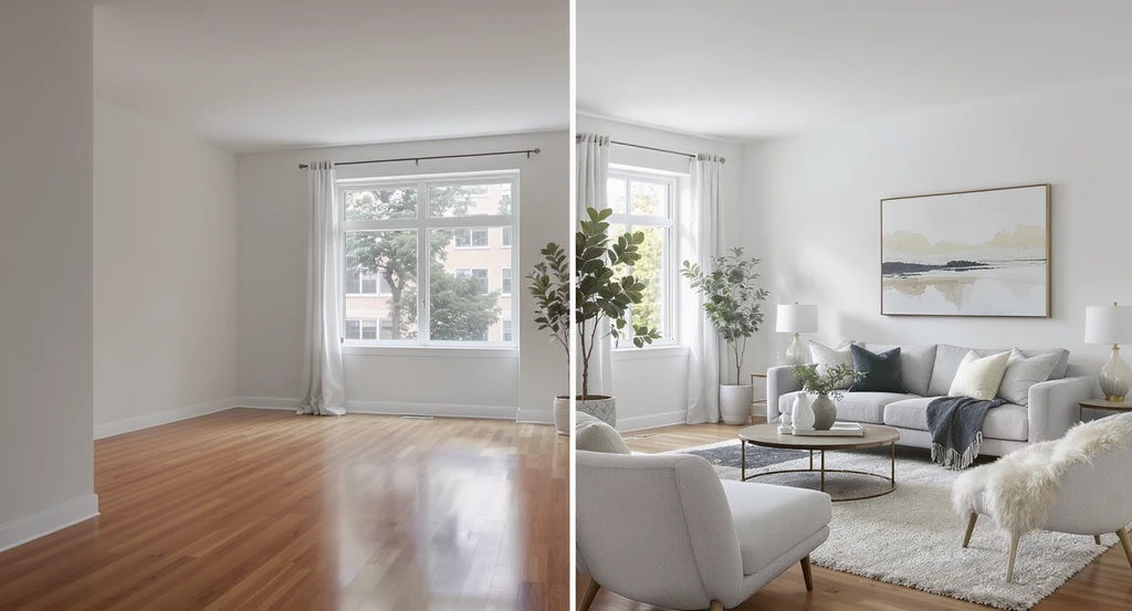 Virtual staging vs traditional home staging cost demonstrated in a modern living room with one half empty and the other half digitally furnished, showcasing benefits of virtual staging for realtors and how virtual staging increases sale price.