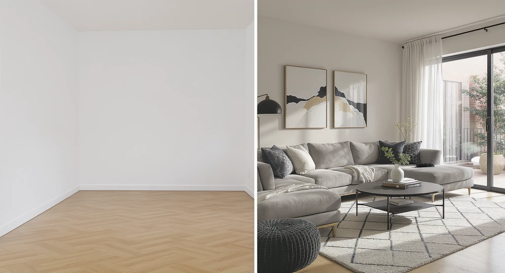 Split-view living room showing virtual staging vs traditional home staging cost and benefits of virtual staging for realtors with realistic detail.