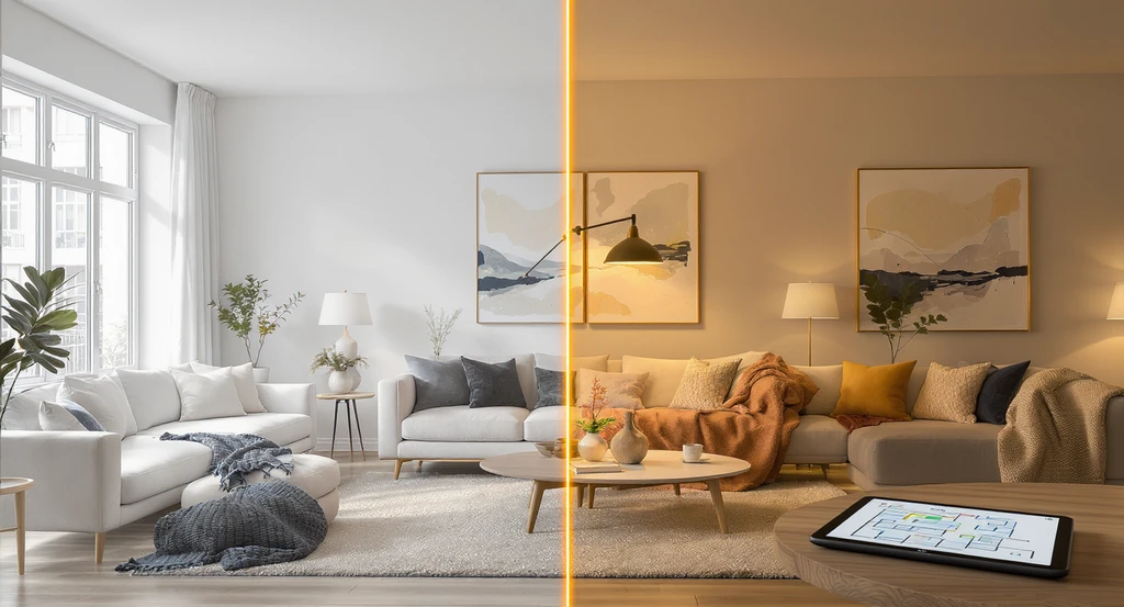 Editorial split-screen of a modern living room and dining area before and after virtual staging, illustrating how virtual staging increases home sales. The image supports the ultimate guide to virtual staging 2026, features a virtual staging cost breakdown for sellers, and helps with choosing the best virtual staging company.