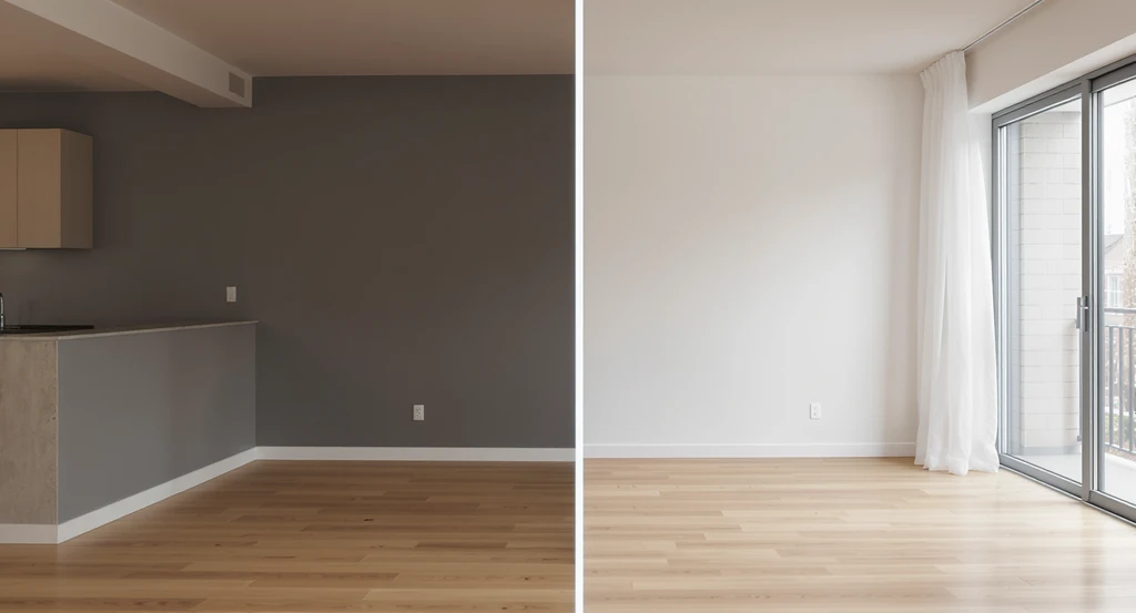 Ultimate guide to virtual staging 2026: a split-screen living room showing a cost-effective virtual staging vs traditional staging, illustrating how virtual staging increases home sales and helps sellers choose the best virtual staging company.