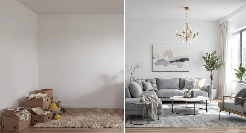 Ultimate guide to virtual staging 2026 shows a split-screen: one side an empty, cluttered living space, the other virtually staged, illustrating how virtual staging increases home sales and clarifies spatial flow for buyers, ideal for sellers evaluating virtual staging cost breakdown versus traditional staging.