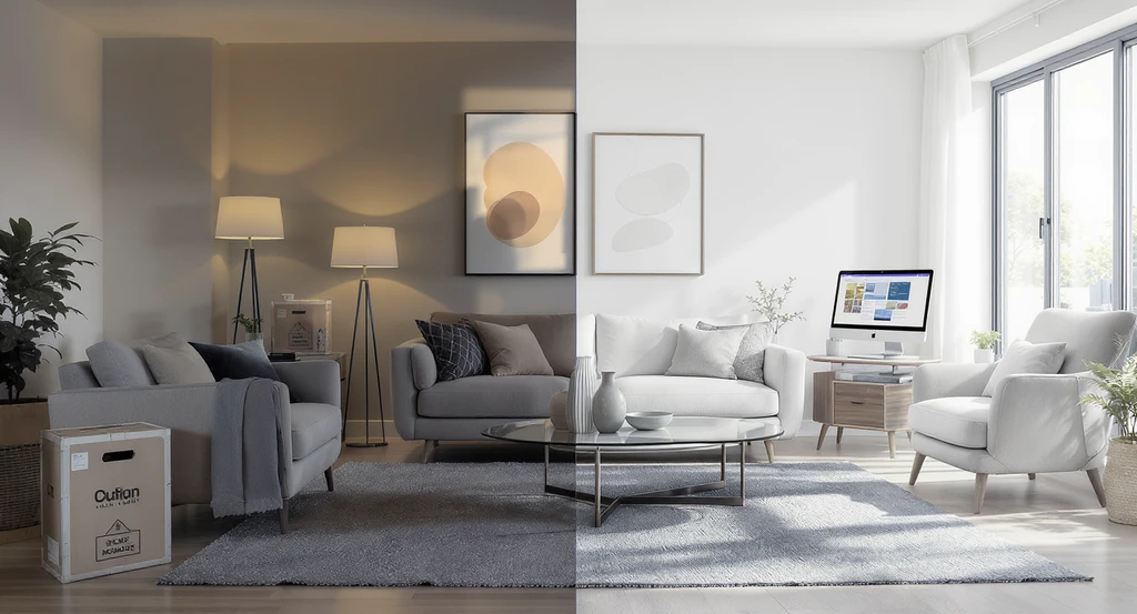 Ultimate guide to virtual staging 2026 scene showing a living room split between traditional staging with real furniture and virtual staging displaying digital decor, highlighting a virtual staging vs traditional staging comparison and a virtual staging cost breakdown for sellers.