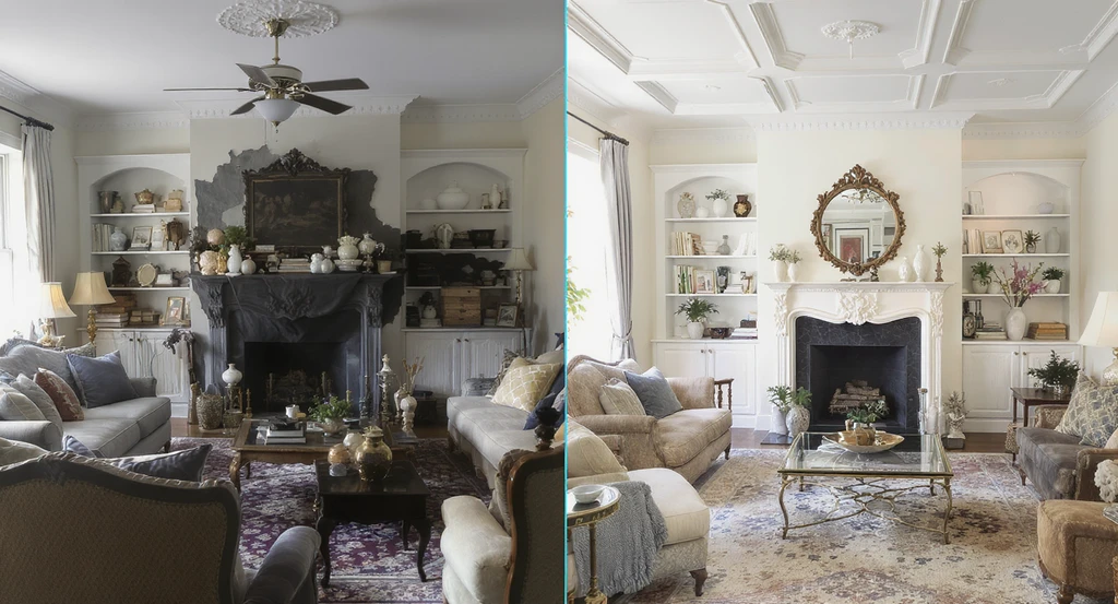 Editorial photo comparing virtual staging mistakes and best practices: left side shows poorly staged, low-resolution living room; right side highlights professionally staged space, showcasing unique features. Ultimate guide to virtual staging 2026, virtual staging cost breakdown for sellers, how virtual staging increases home sales, choosing the best virtual staging company.