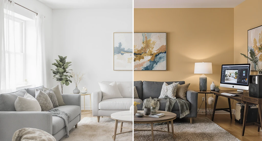 Split-view modern living room shows before and after virtual staging, highlighting digital furnishing tools—ultimate guide to virtual staging 2026, virtual staging cost breakdown for sellers, how virtual staging increases home sales, choosing the best virtual staging company, virtual staging vs traditional staging comparison.